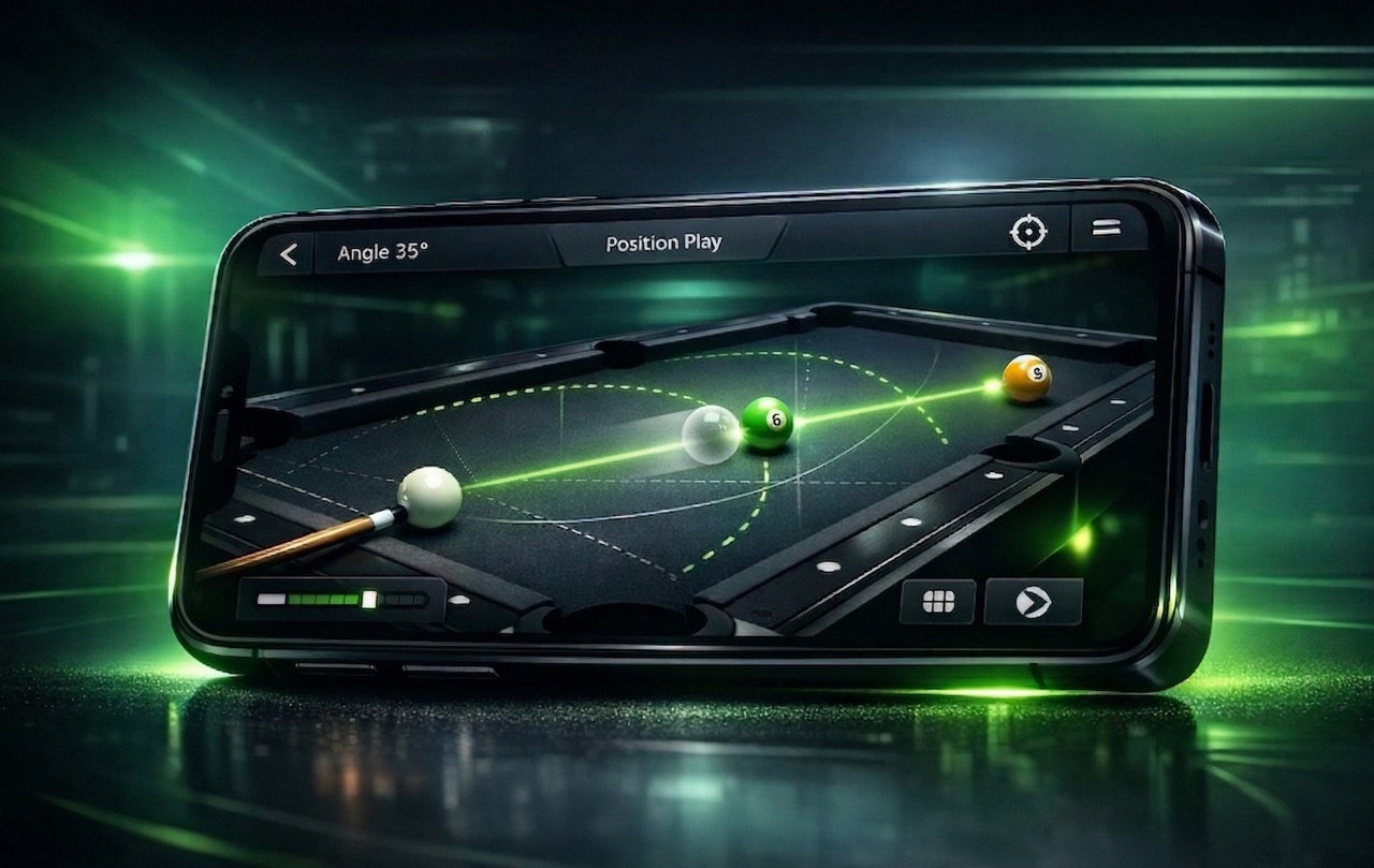 Ghost Ball app showing angle guides and position play on a pool table